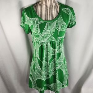MKM Designs Green & White w/Sparkles Short Sleeve Baby Doll Tunic Top Size Small